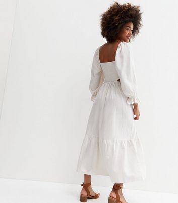 Click to view product details and reviews for White Shirred Cut Out Side Tiered Midi Dress New Look.