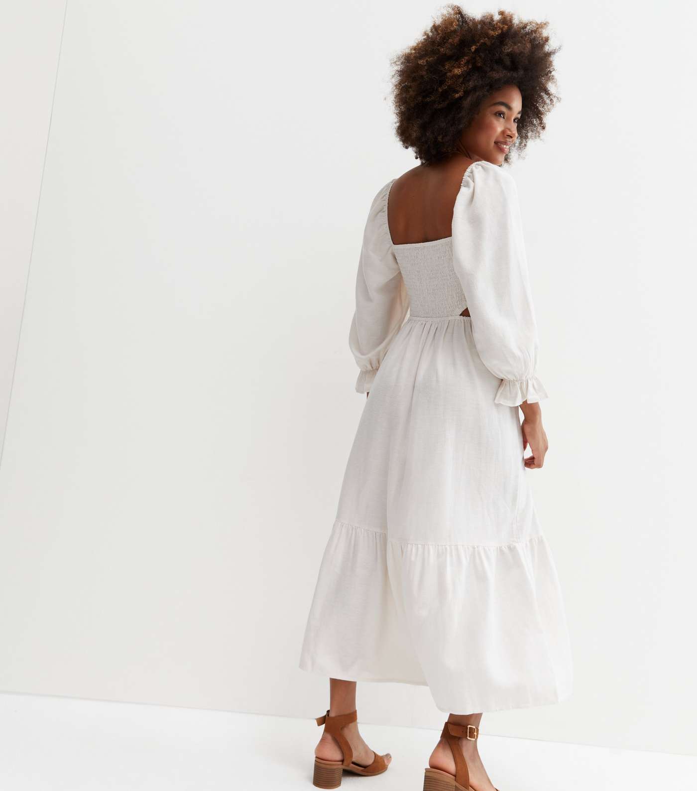 Cream Shirred Cut Out Side Tiered Midi Dress Image 4