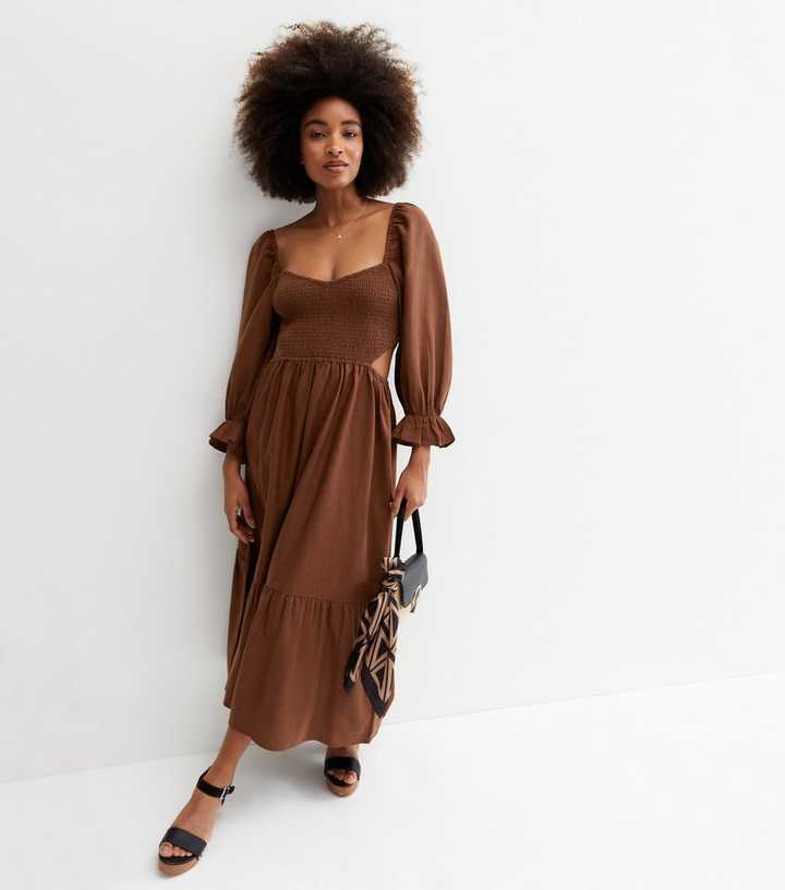 Dark Brown Shirred Cut Out Side Tiered Midi Dress | New Look