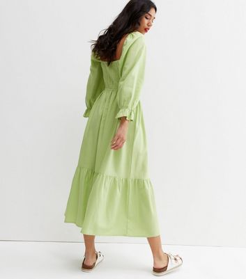 Green Shirred Cut Out Side Tiered Midi Dress New Look