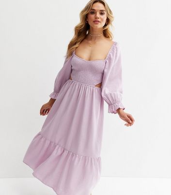 Lilac Shirred Cut Out Side Tiered Midi Dress New Look