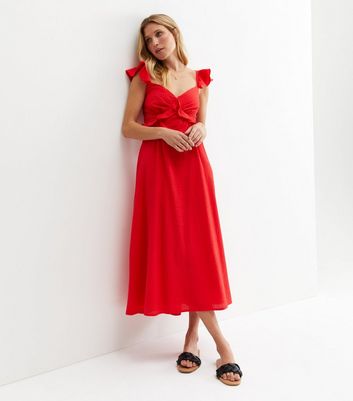 Red Textured Frill Open Back Midi Dress New Look