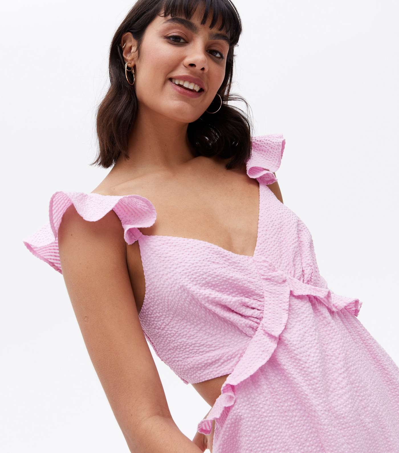 Pink Textured Frill Open Back Midi Dress Image 2