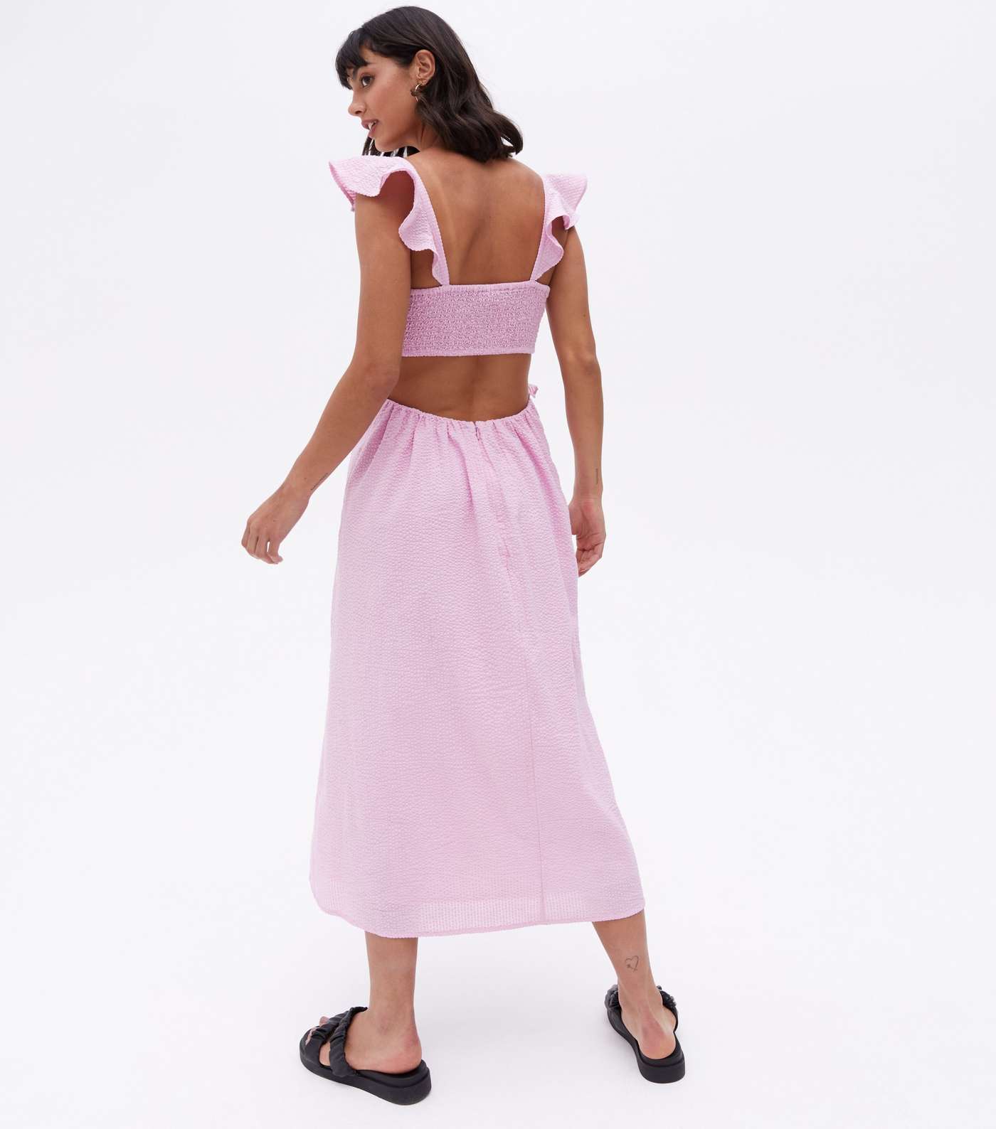 Pink Textured Frill Open Back Midi Dress Image 4