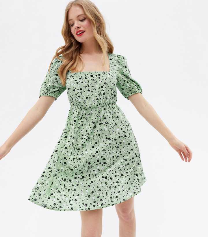 Green Ditsy Floral Crepe Square Neck Tie Back Mini Dress