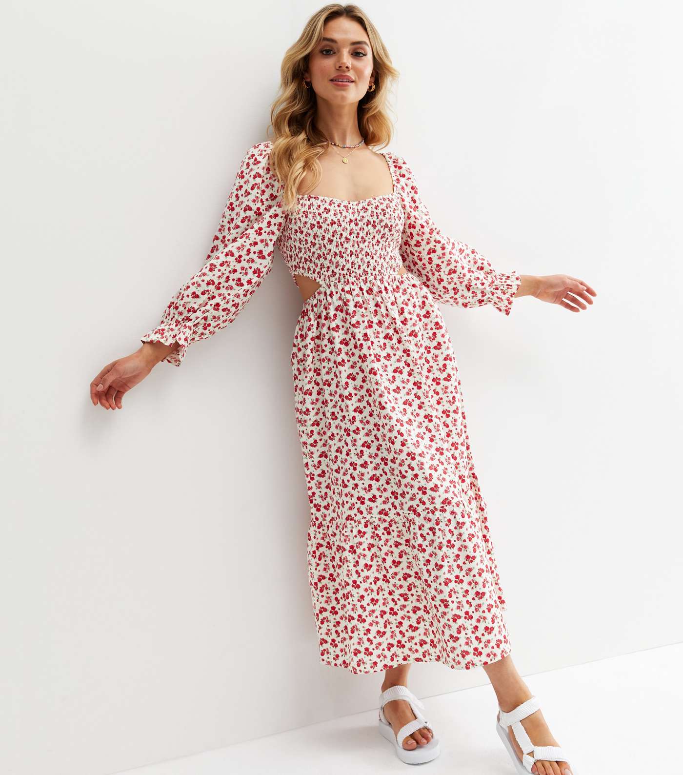 White Ditsy Floral Linen-Look Cut Out Side Midi Dress