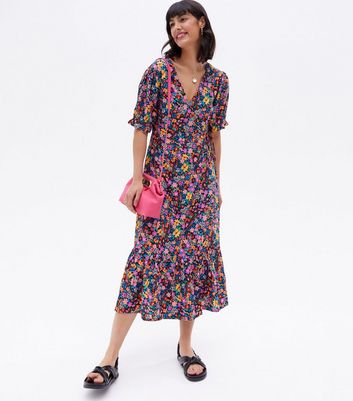 Black Floral Crepe Open Back Midi Wrap Dress New Look