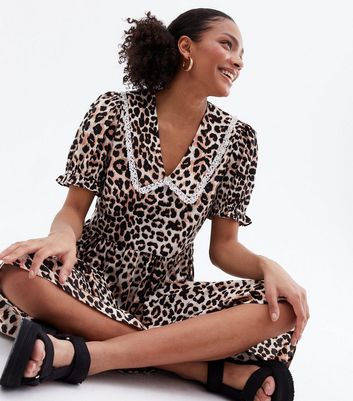 Damen Bekleidung Brown Leopard Print Crepe Lace Collar Midi Smock Dress