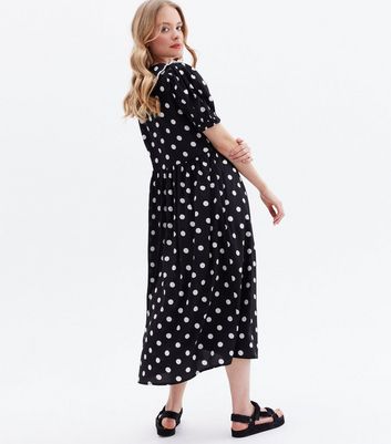 Black Spot Crepe Lace Collar Midi Smock Dress New Look