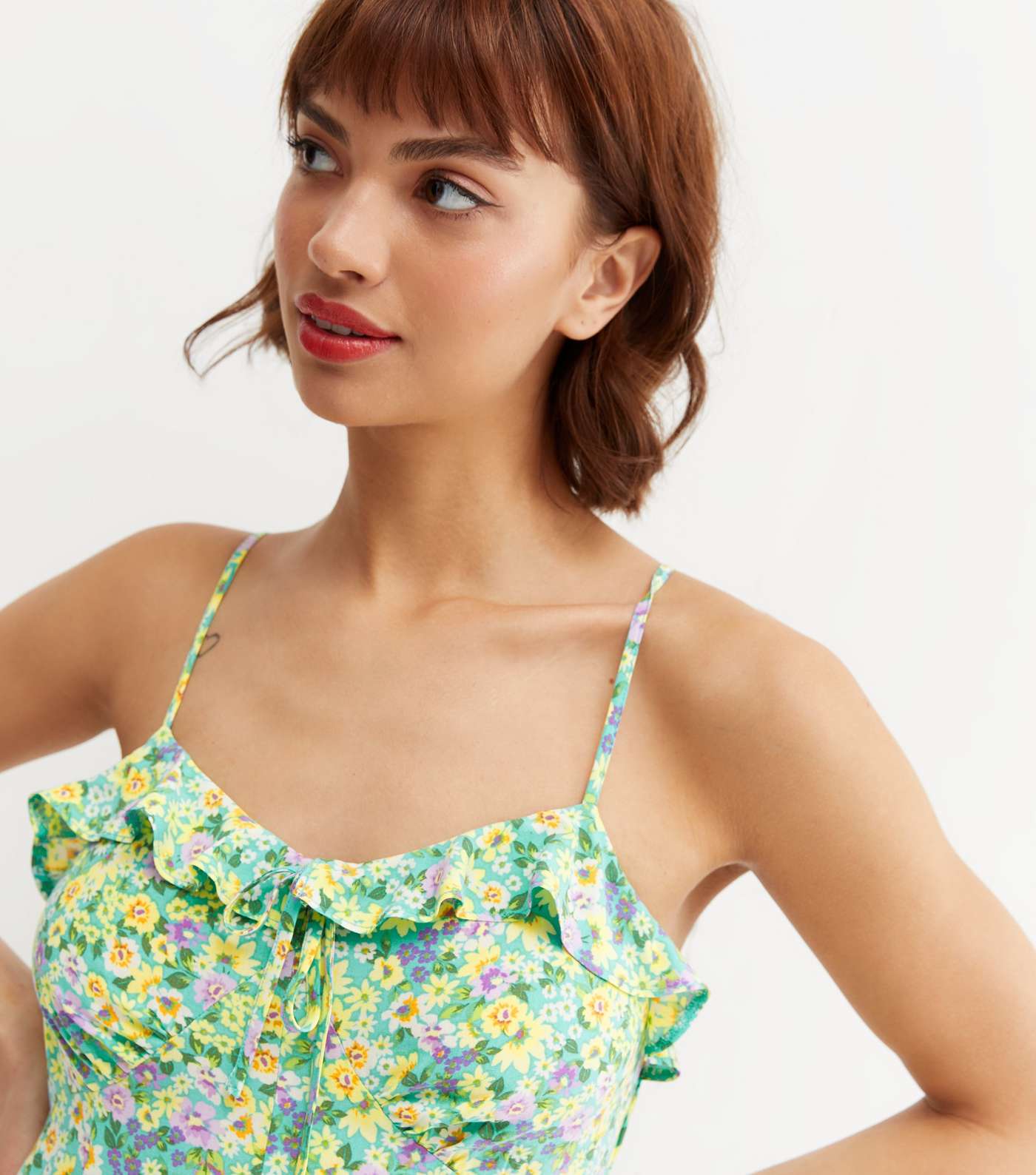 Yellow Floral Frill Strappy Playsuit Image 3