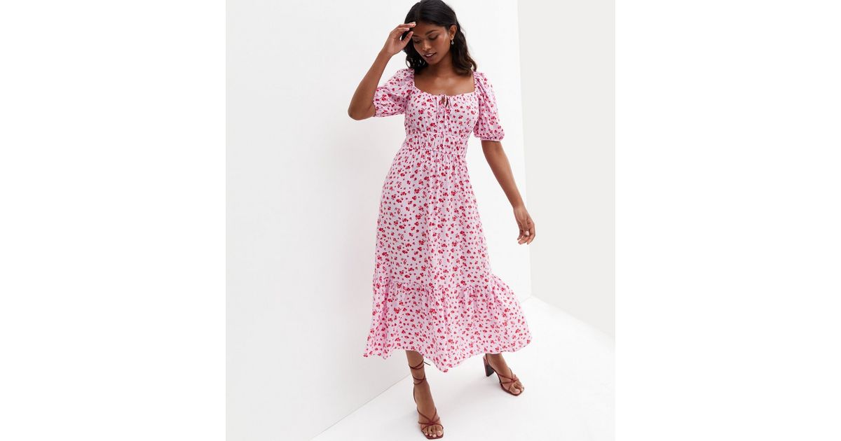 Pink Ditsy Floral Square Neck Tiered Midi Dress | New Look