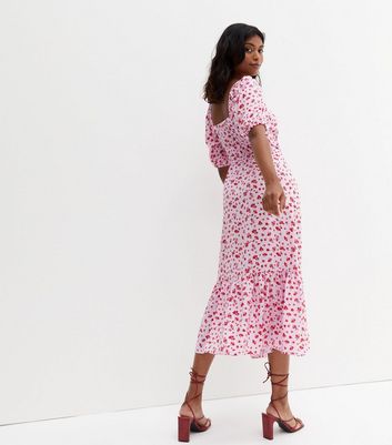 Pink Ditsy Floral Square Neck Tiered Midi Dress | New Look