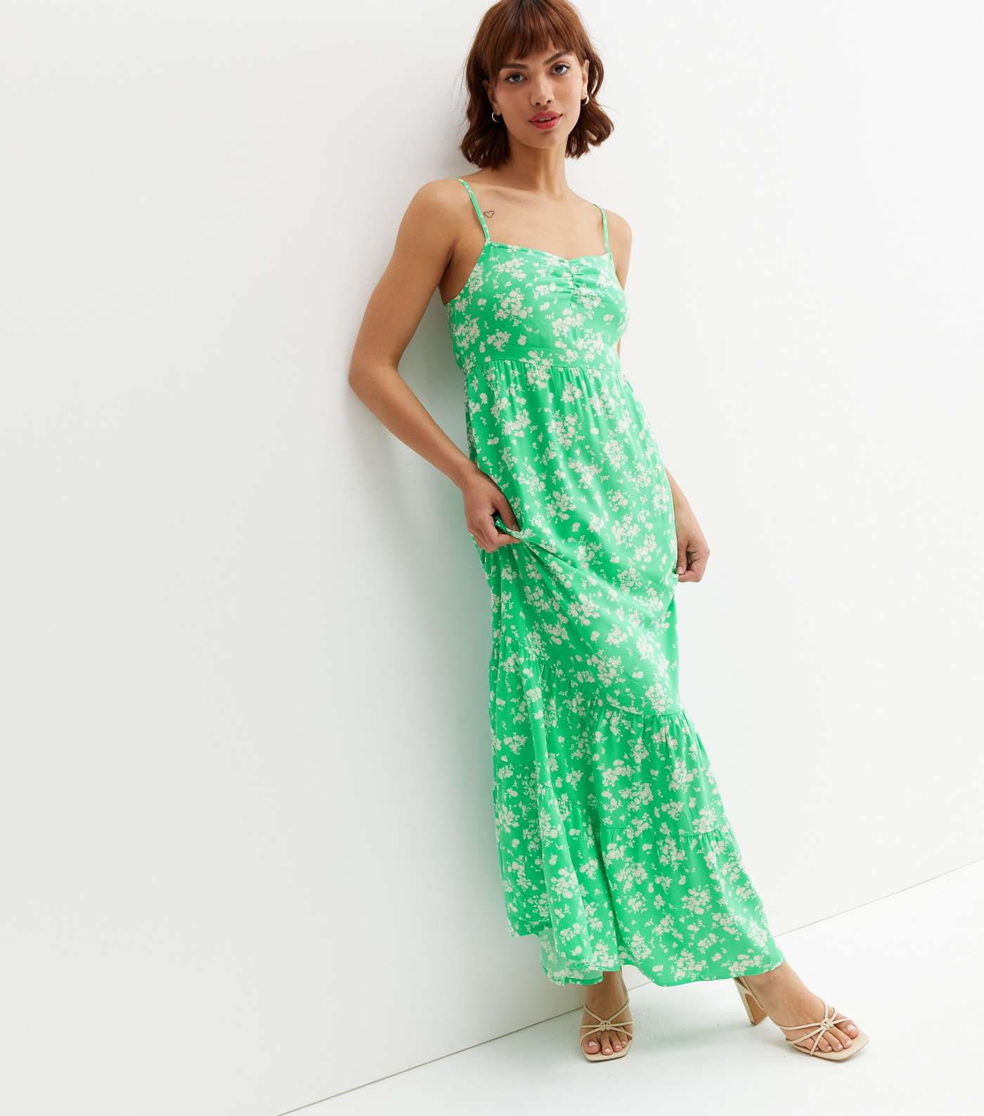 Green Floral Strappy Tiered Maxi Dress Image 2