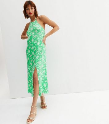 Green Floral Split Hem Halter Midi Dress New Look