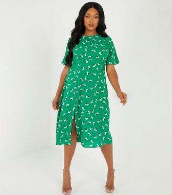 Quiz Curves Green Floral Split Hem Midi Dress New Look