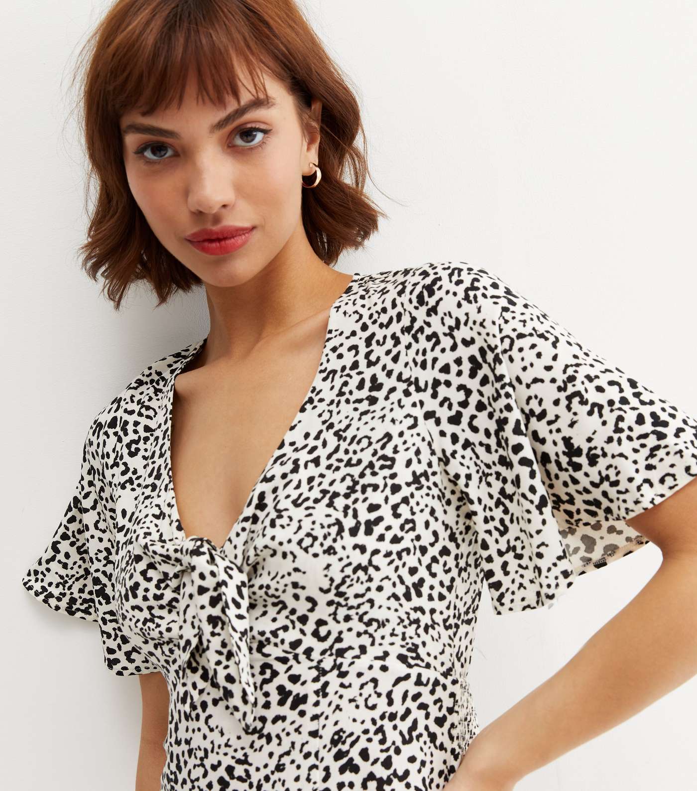 White Leopard Print Tie Front Midi Dress Image 3