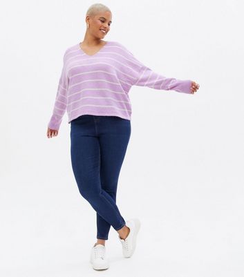 Vero Moda Curves Lilac Stripe V Neck Jumper | New Look