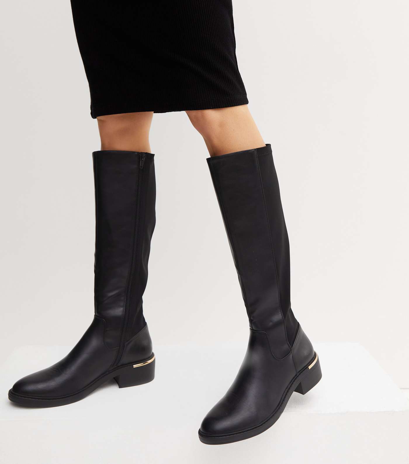Black Leather-Look Metal Trim Knee High Boots Image 2