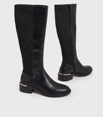 Black knee high boots with gold trim sale