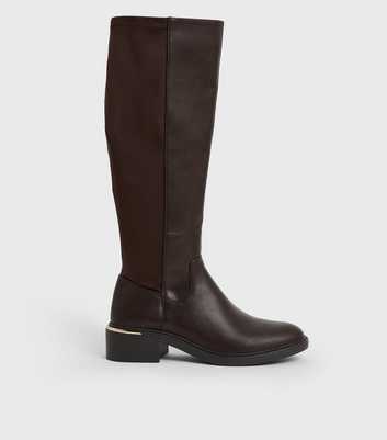 Brown Leather-Look Metal Trim Knee High Boots