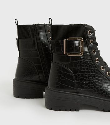 New look chunky lace up online flat boots in black croc