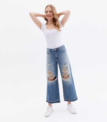 ONLY Pale Blue Ripped Wide Leg Jeans