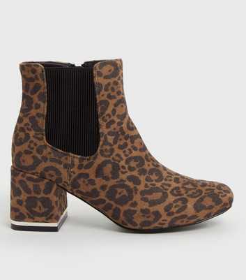 Brown Leopard Print Suedette Block Heel Sock Boots