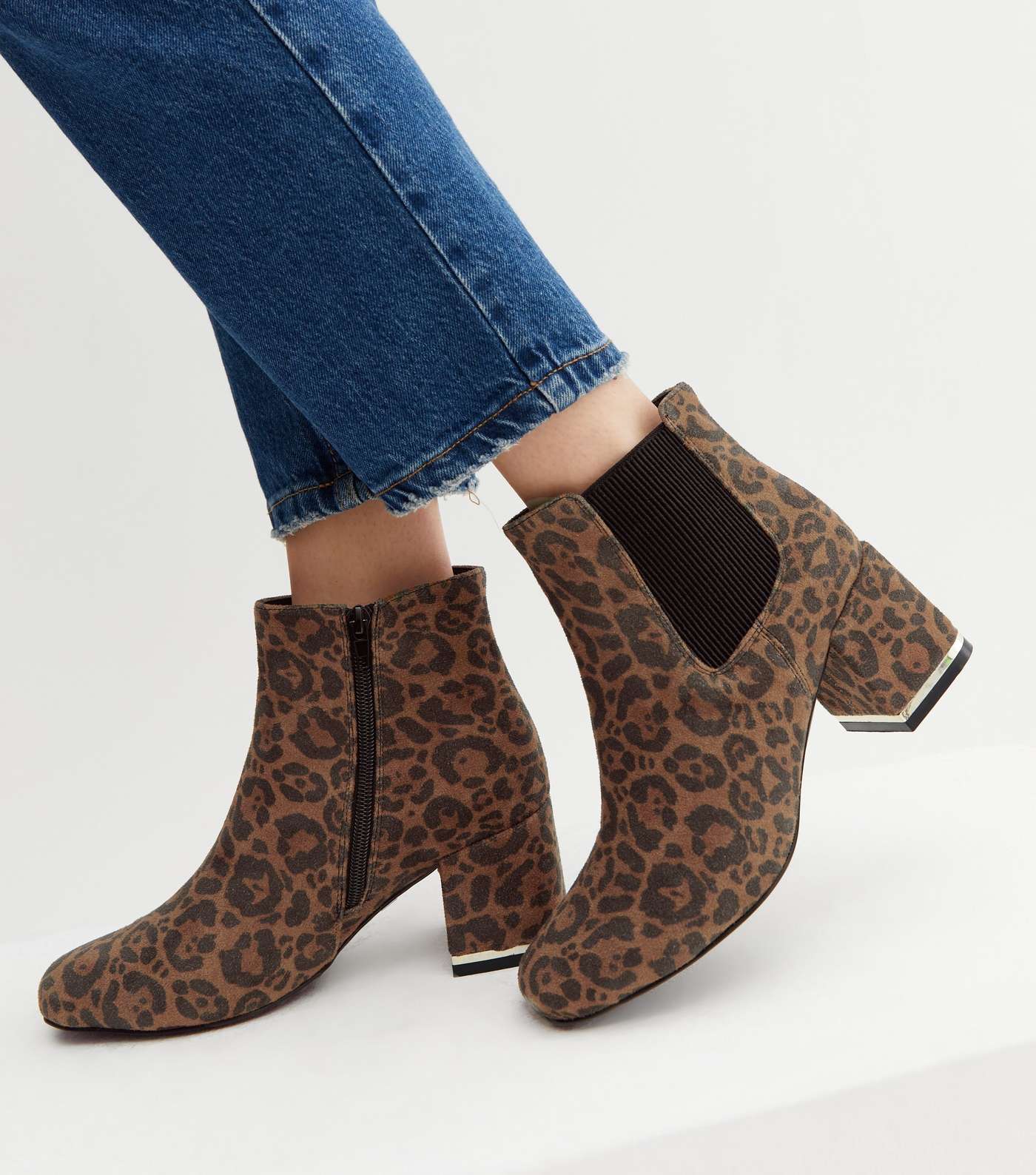 Brown Leopard Print Suedette Block Heel Sock Boots Image 2