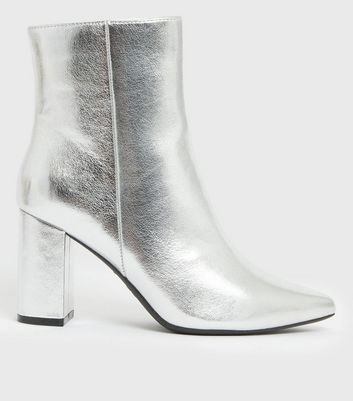 Silver patent outlet leather boots