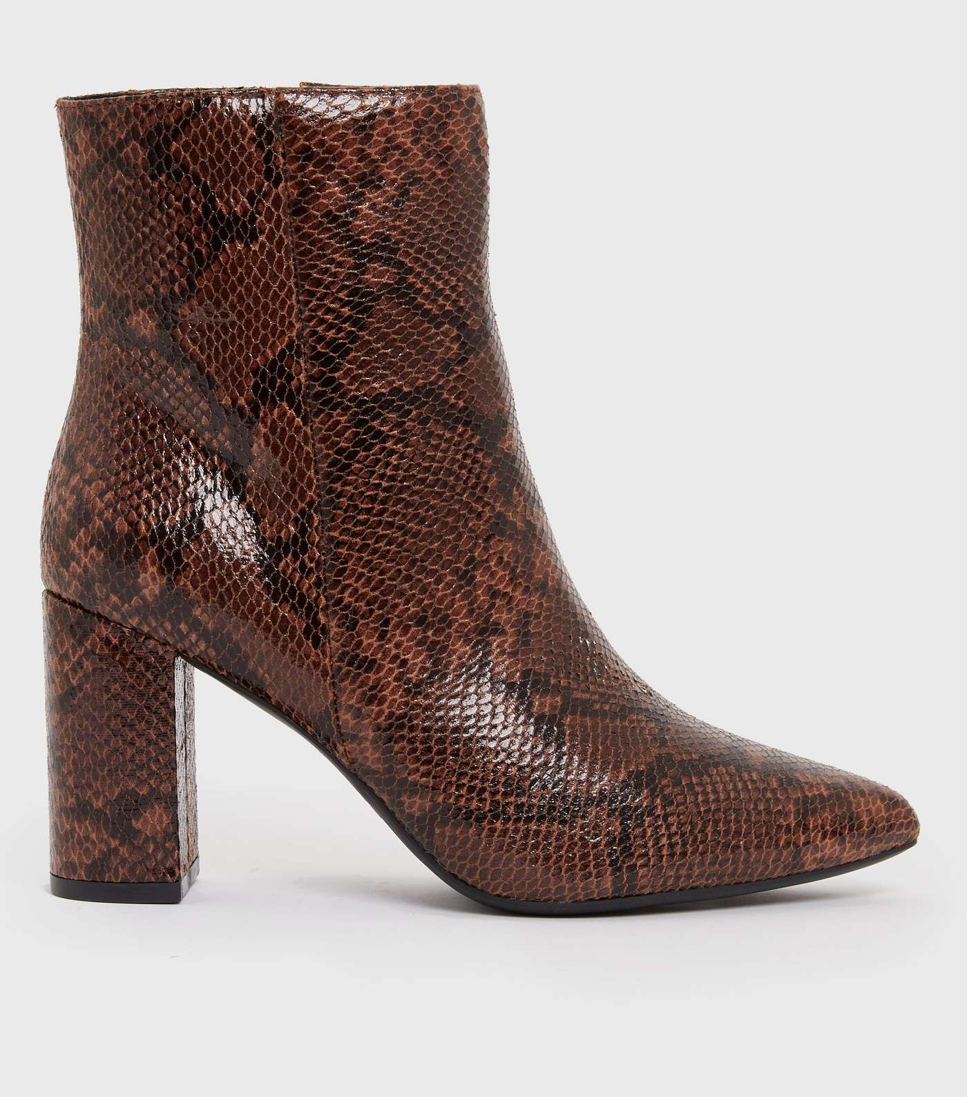 Brown Faux Snake Pointed Block Heel Ankle Boots