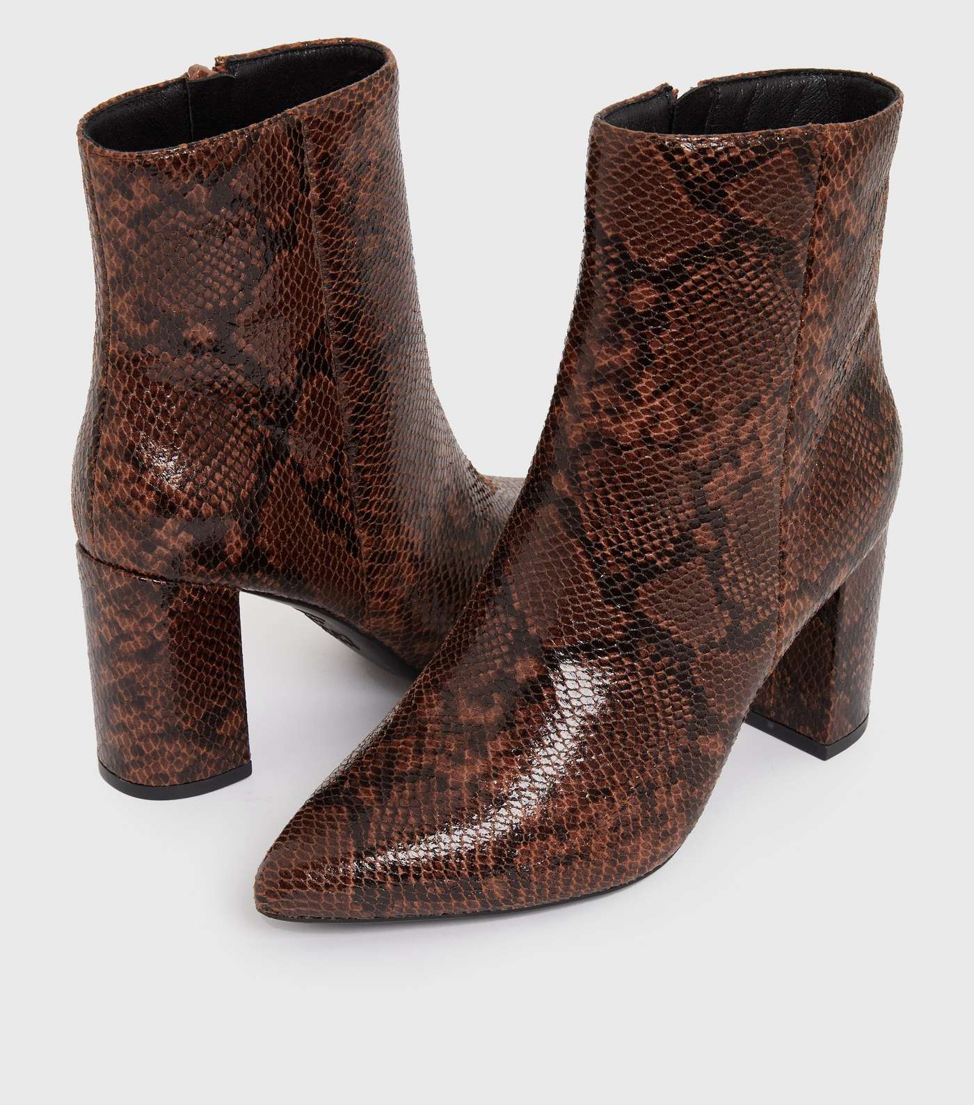 Brown Faux Snake Pointed Block Heel Ankle Boots Image 3