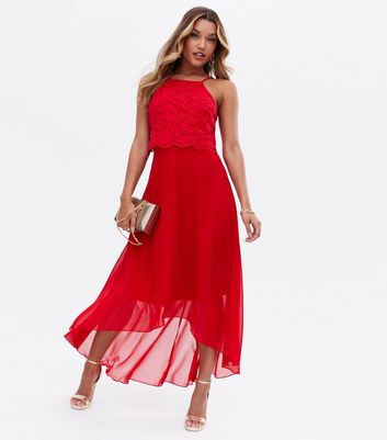 Red Lace Chiffon Maxi Dress New Look