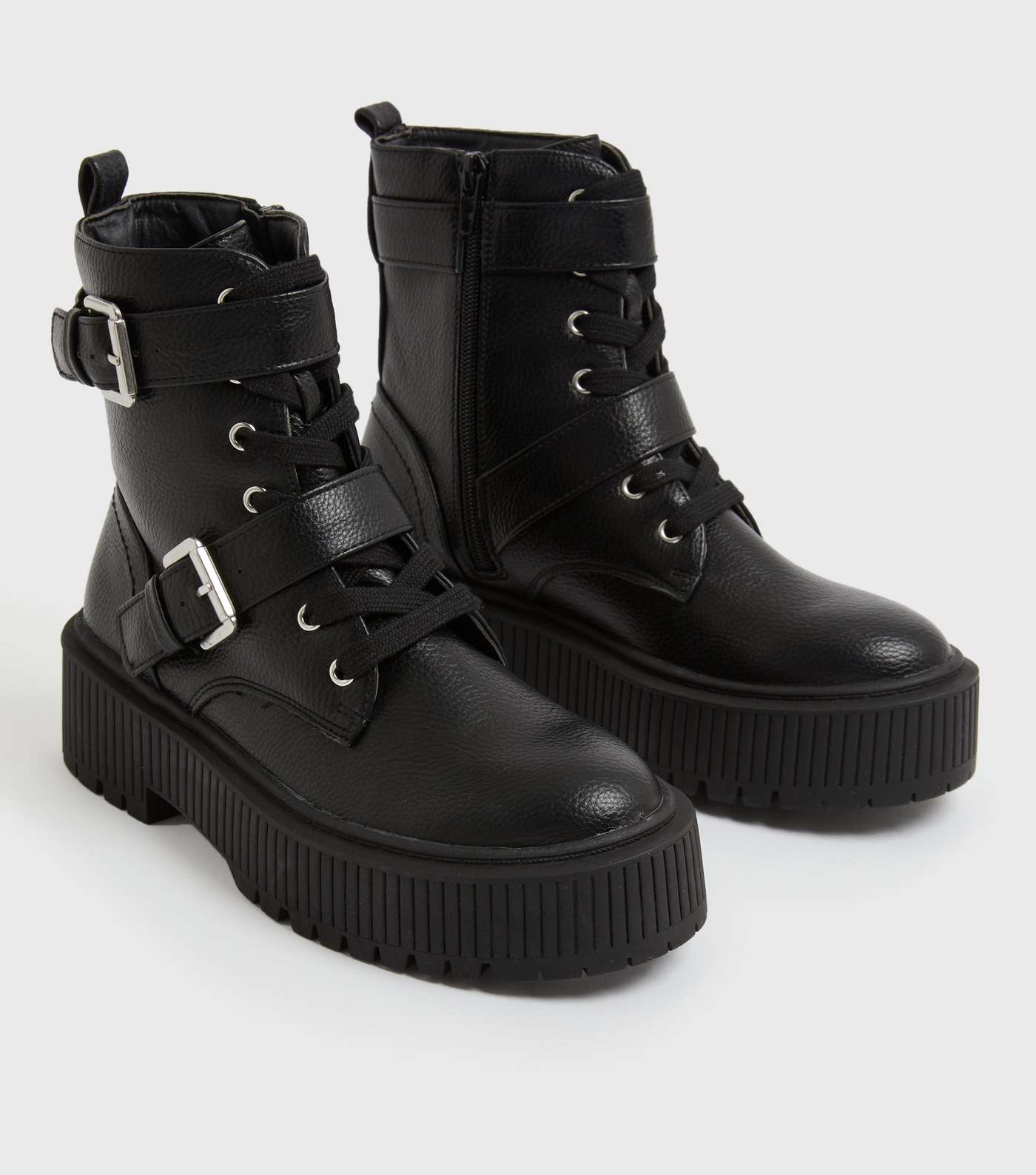 Black Buckle Lace Up Chunky Flatform Boots Image 3