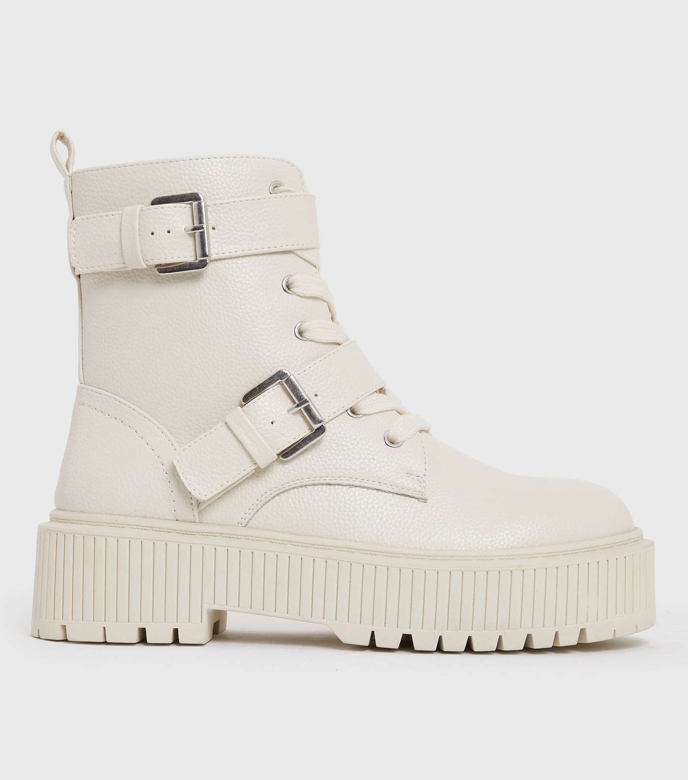 Off White Buckle Lace Up Chunky Flatform Boots