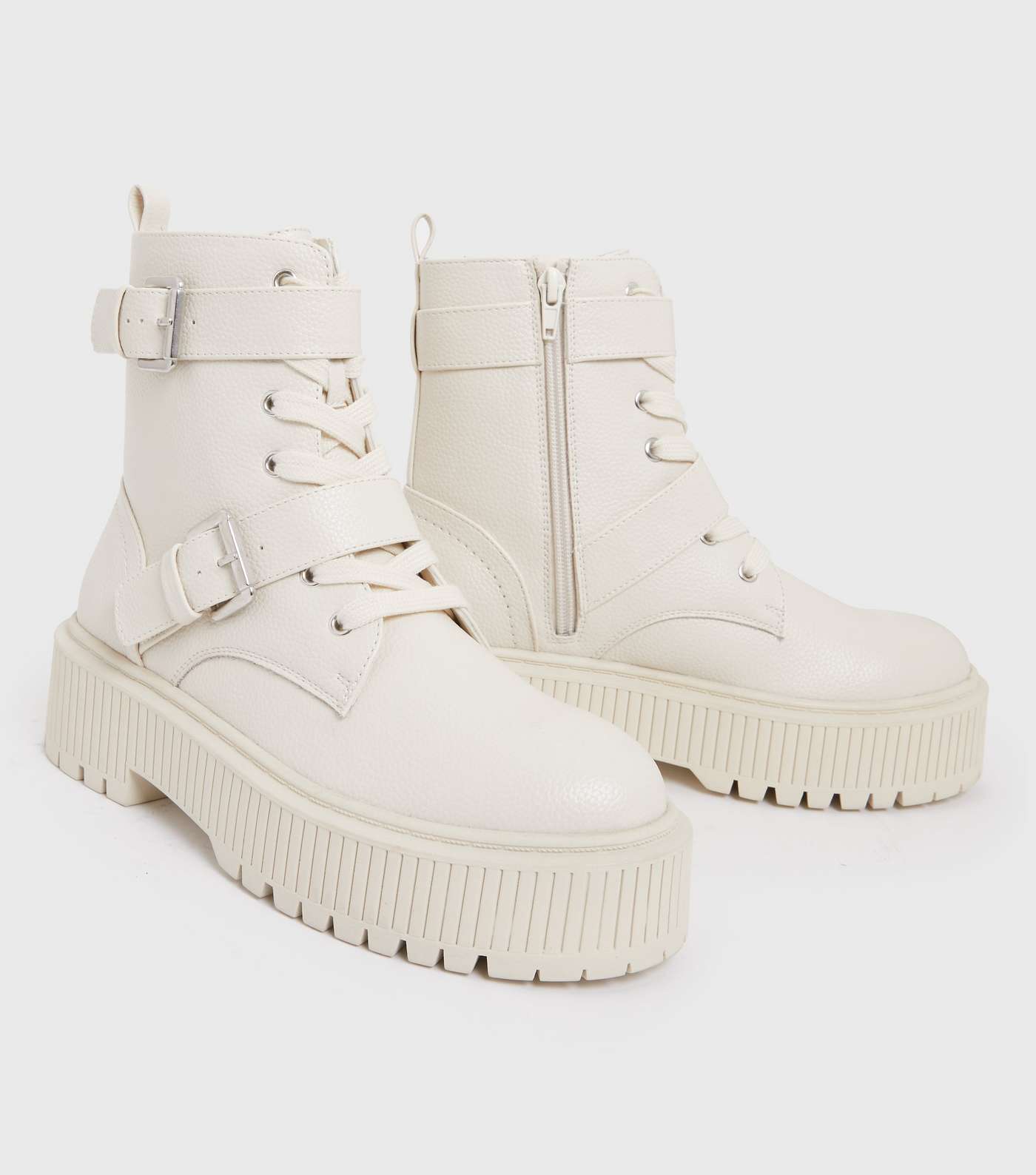Off White Buckle Lace Up Chunky Flatform Boots Image 3