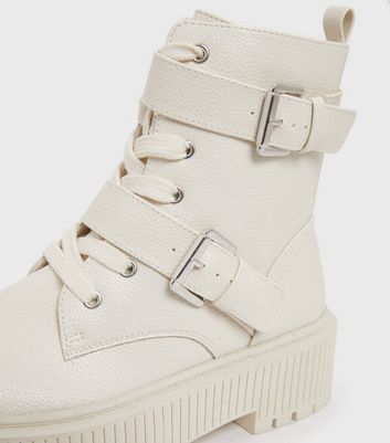 Off White Buckle Lace Up Chunky Flatform Boots New Look Vegan