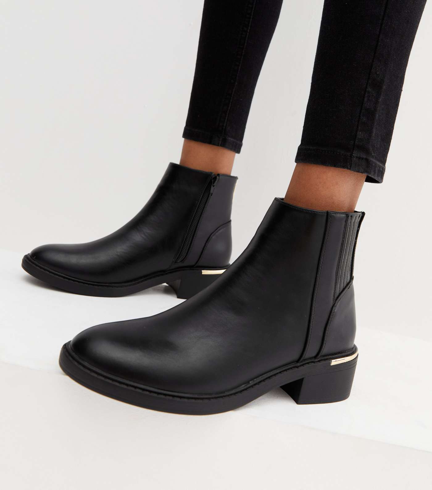 Black Leather-Look Zip Back Metal Trim Ankle Boots Image 2