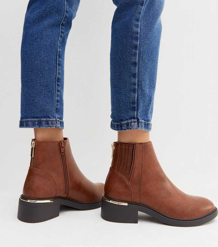 celle tag videnskabsmand Brown Leather-Look Zip Back Metal Trim Ankle Boots | New Look