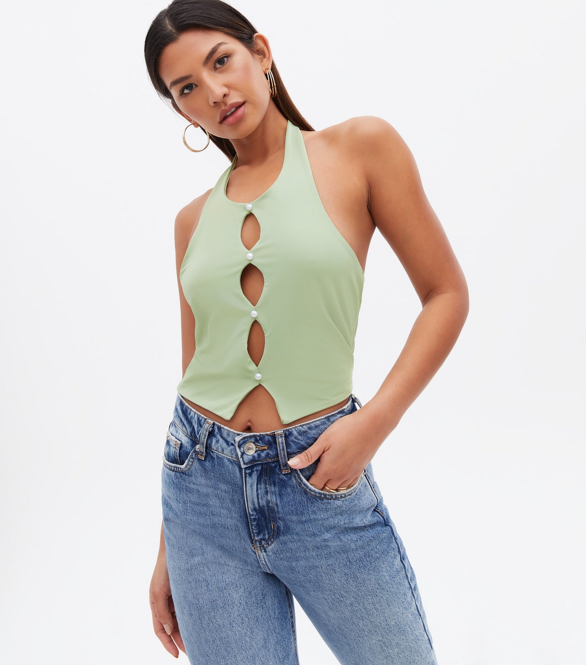 Women's Light Green Faux Pearl Cut Out Halter Top New Look