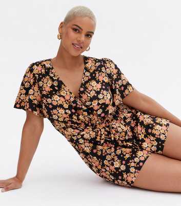 Curves Black Floral Wrap Playsuit