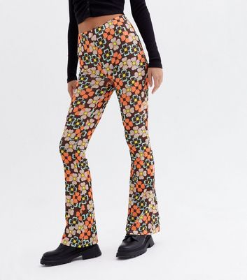 Brown Retro Floral High Waist Flared 