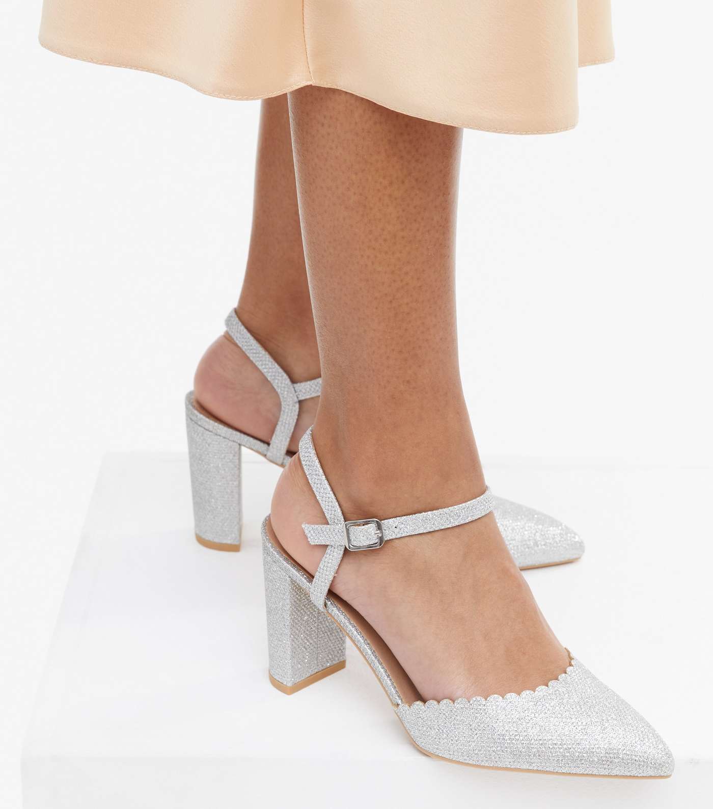 Wide Fit Silver Glitter Scallop Block Heel Court Shoes Image 2