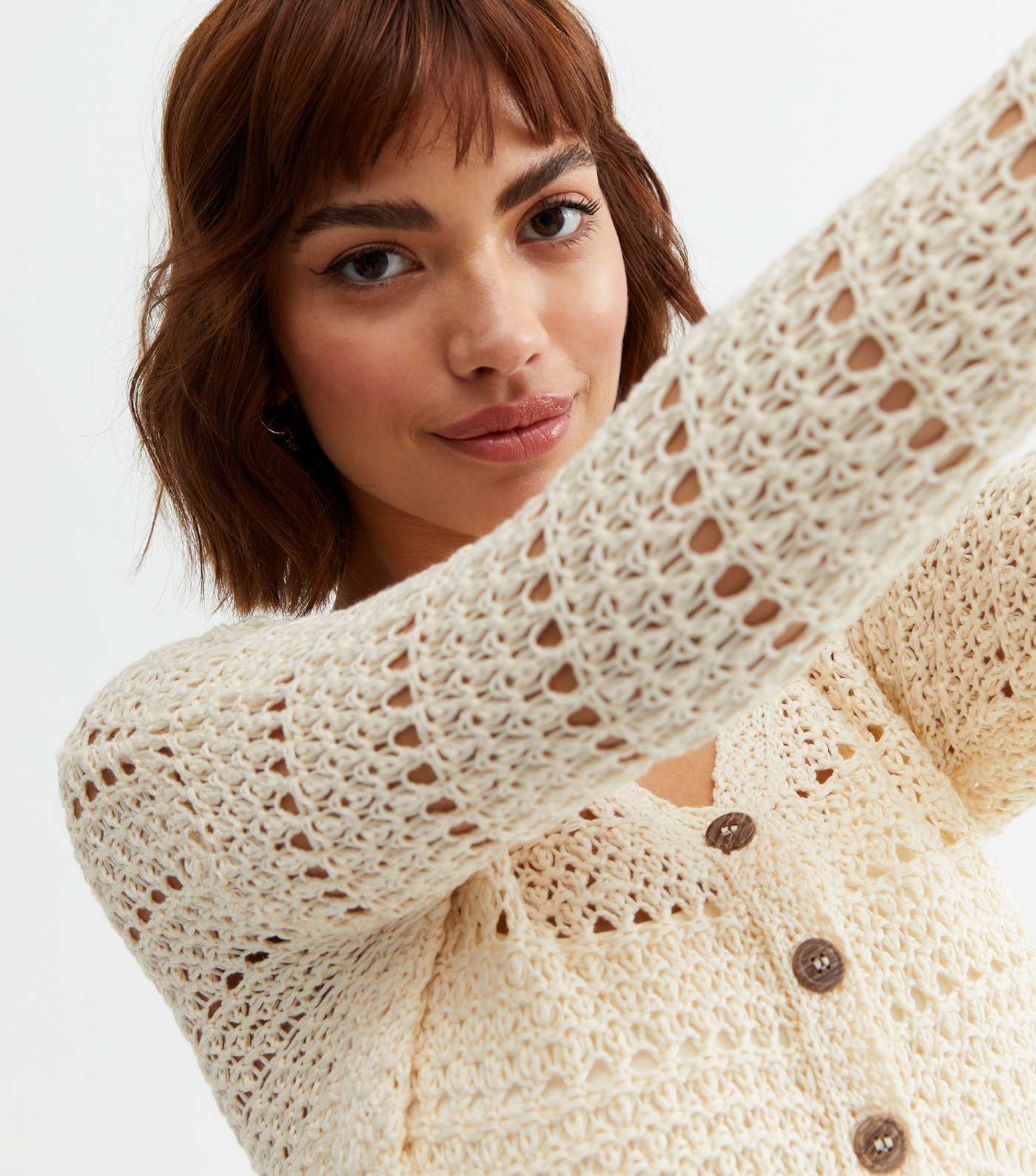 Cream Crochet Long Sleeve Button Cardigan Image 3