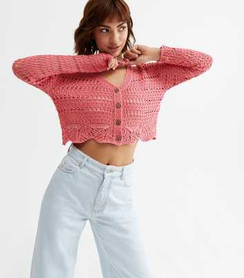 Bright Pink Crochet Long Sleeve Button Cardigan