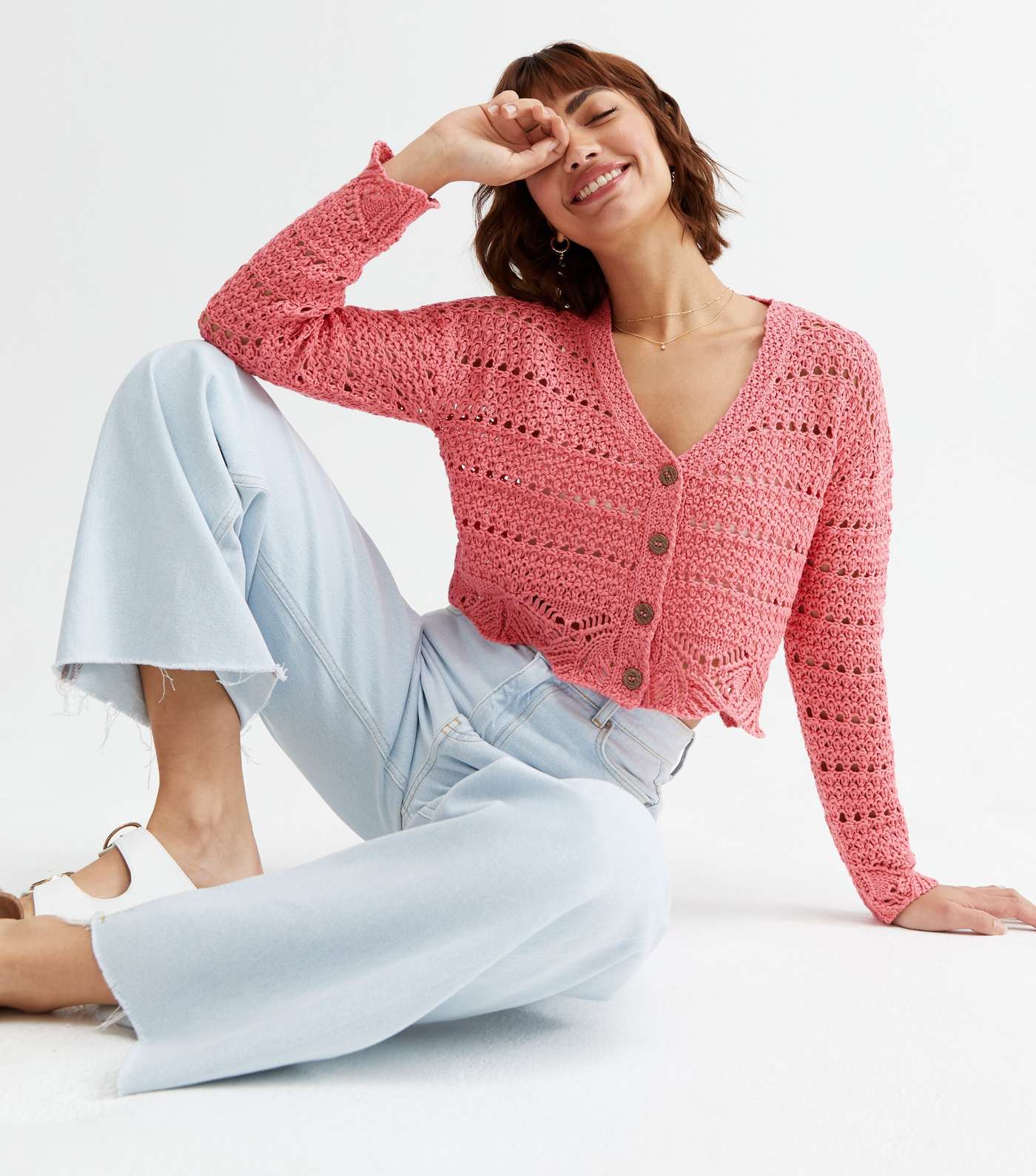 Bright Pink Crochet Long Sleeve Button Cardigan Image 2