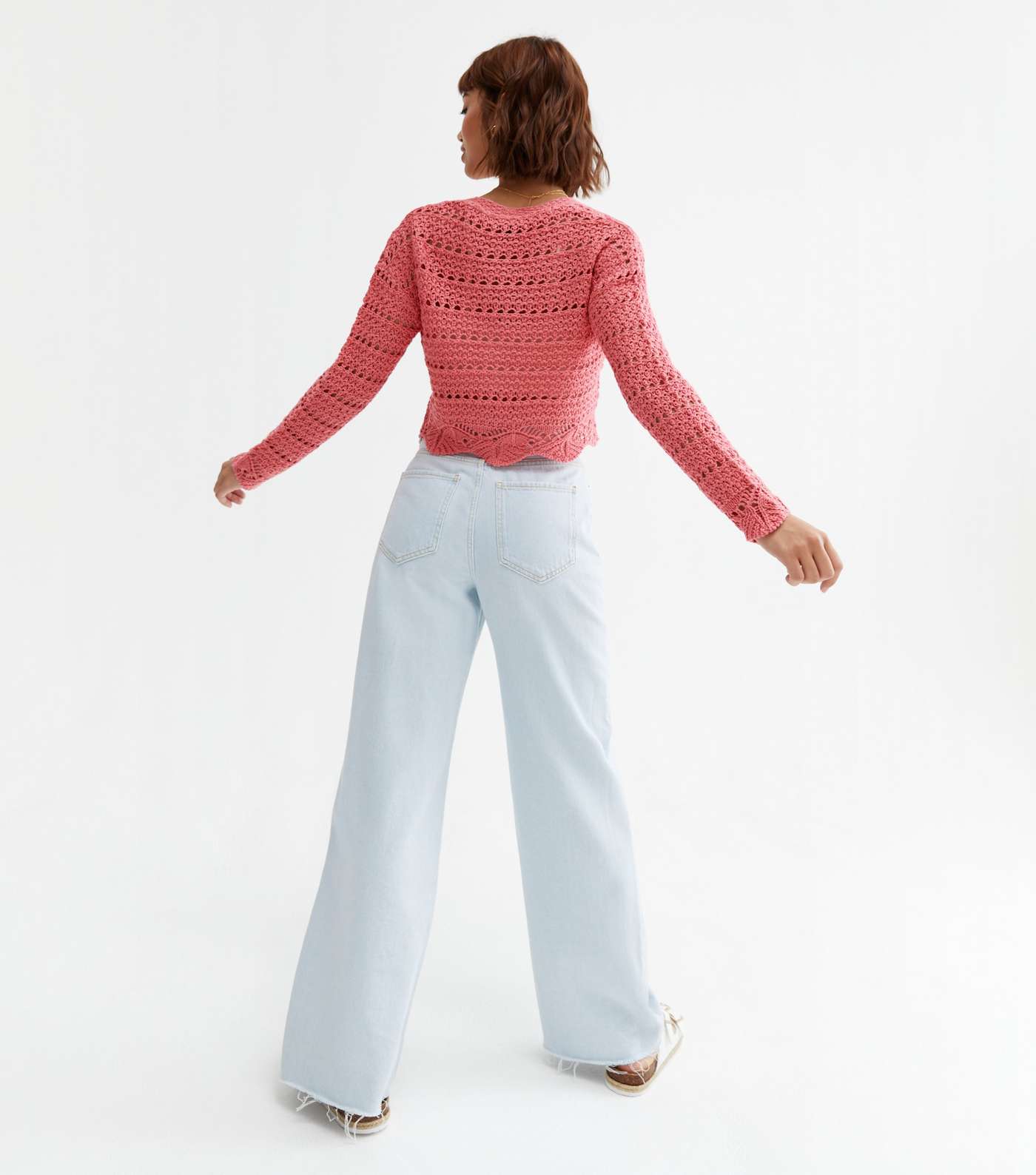 Bright Pink Crochet Long Sleeve Button Cardigan Image 4