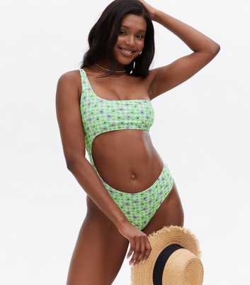 ONLY Light Green Floral Gingham Cut Out Swimsuit