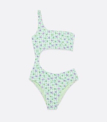ONLY Light Green Floral Gingham Cut Out Swimsuit New Look