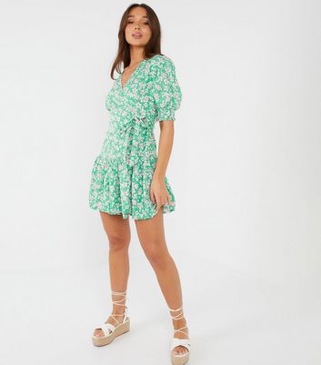 Quiz Green Floral Mini Wrap Skater Dress New Look