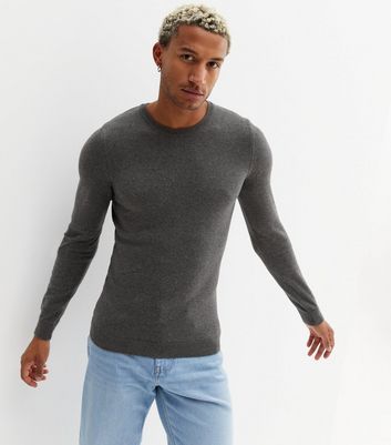 Dark Grey Fine Knit Crew Neck Muscle Fit Jumper New Look